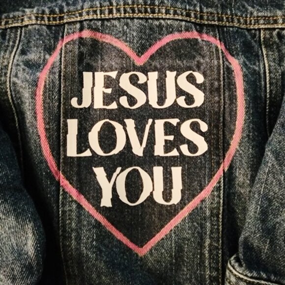 Jesus Loves You Girl's Custom Upcycled Christian Jean Jacket, 10/12 - Picture 5 of 6